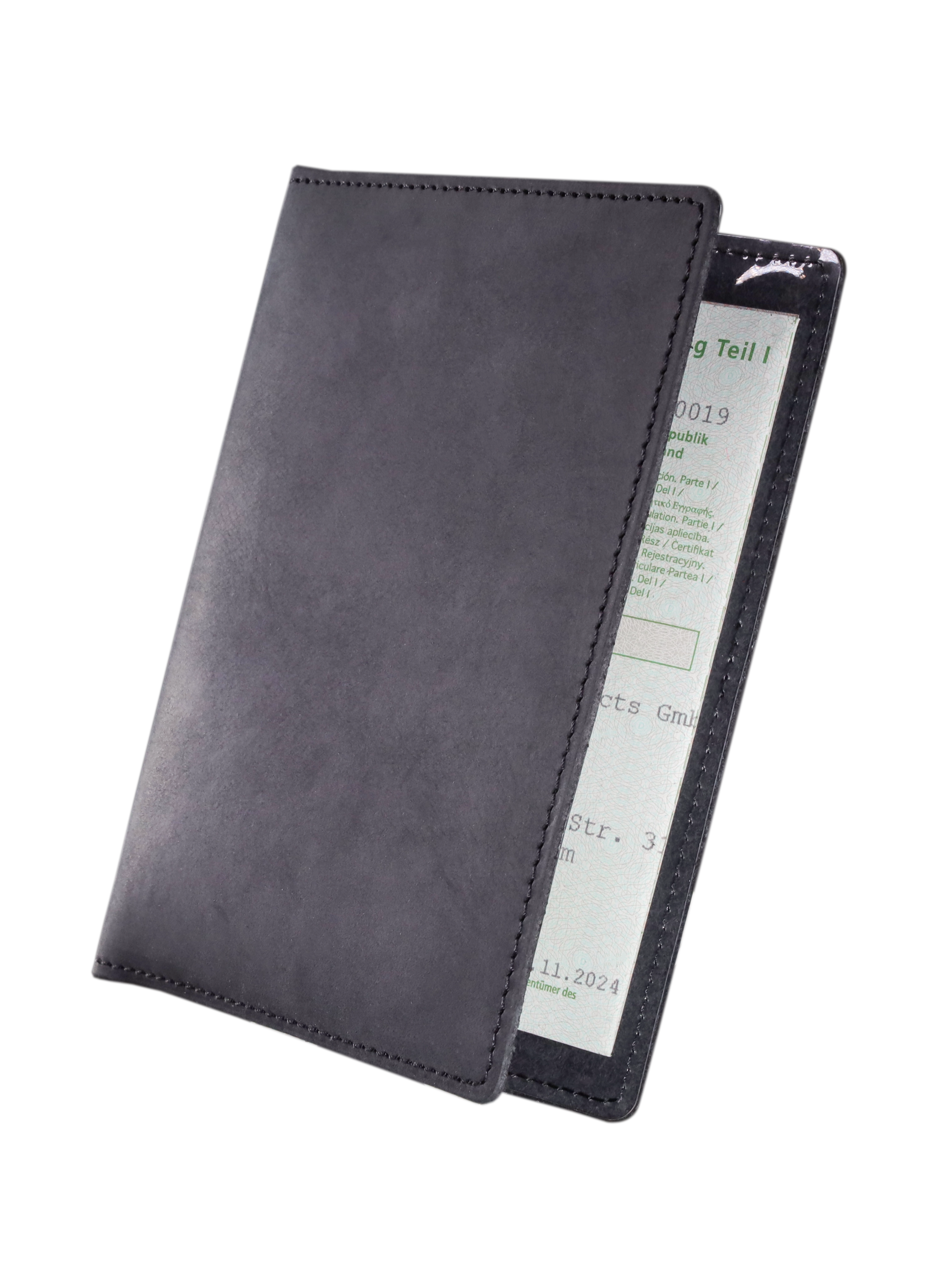 Housse pour carte grise en cuir lisse véritable (noir)